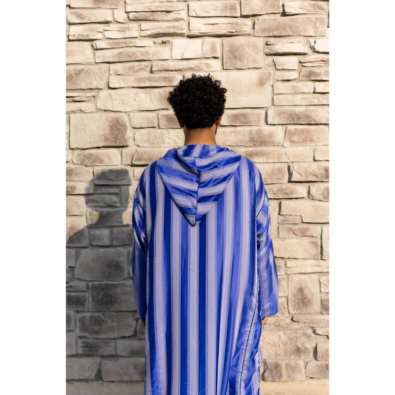 Moroccan Striped Style Hoodie Thobe - Sapphire Mist with Blue Embroidery