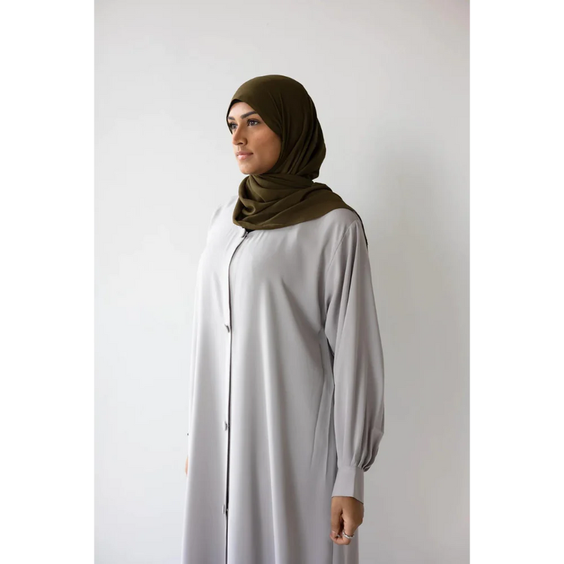 Button Front Abaya with Pleated Bishop Sleeves  - (Seize the Grey) - 72
