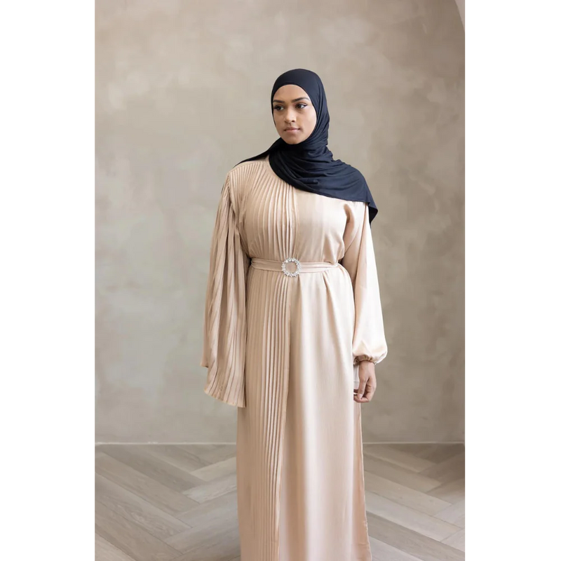 Sale Sawda Pleated Abaya with Stone Belt (Butter)