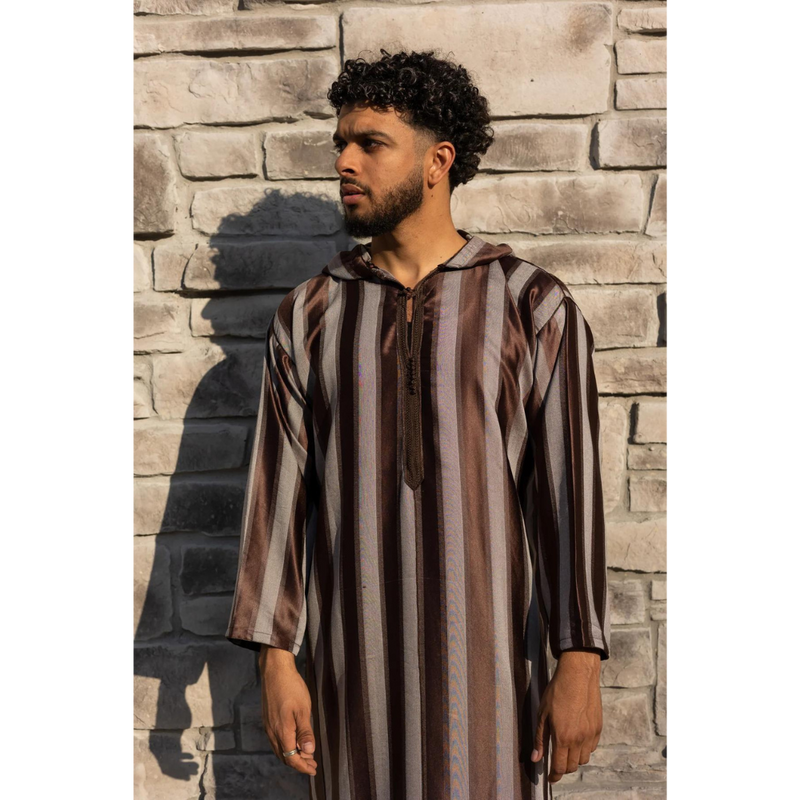 Moroccan Striped Style Hoodie Thobe - Brown and Grey