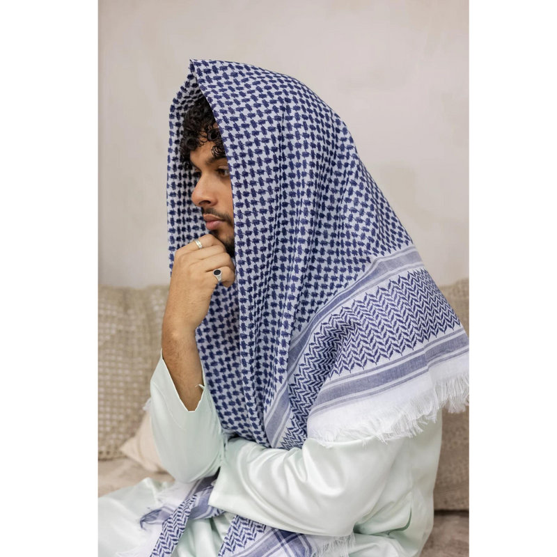 Blue and White Patterned Imamah/Shemagh/Keffiyyah Arab Men's Scarf