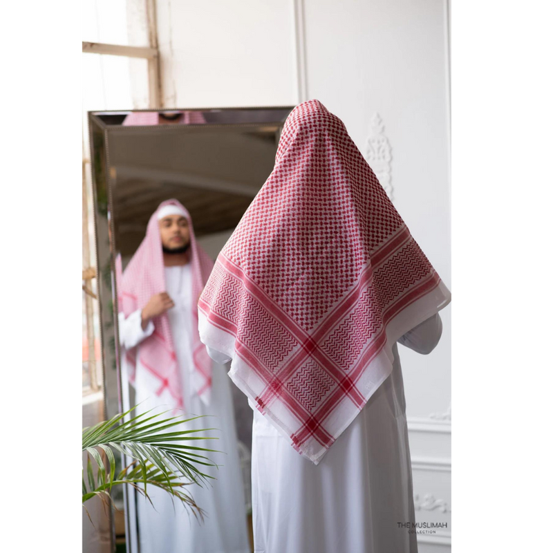 Premium Saudi Style Red and White Imamah/Shemagh/Keffiyyah Arab Men's Scarf