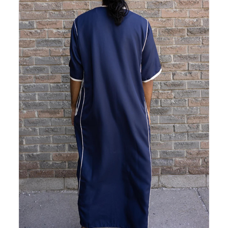 Moroccan Hand Embroidered Short Sleeve Thobe Cobalt Blue