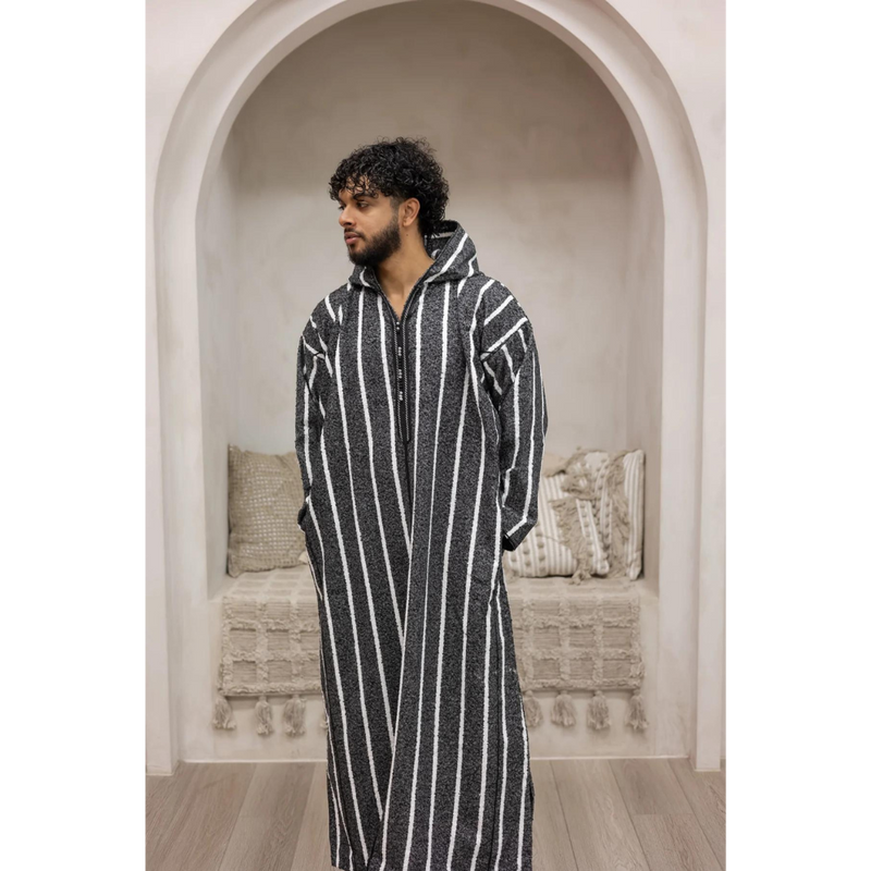 Moroccan Hand Stitched Milifa Hoodie Shadow Grey with White Stripe