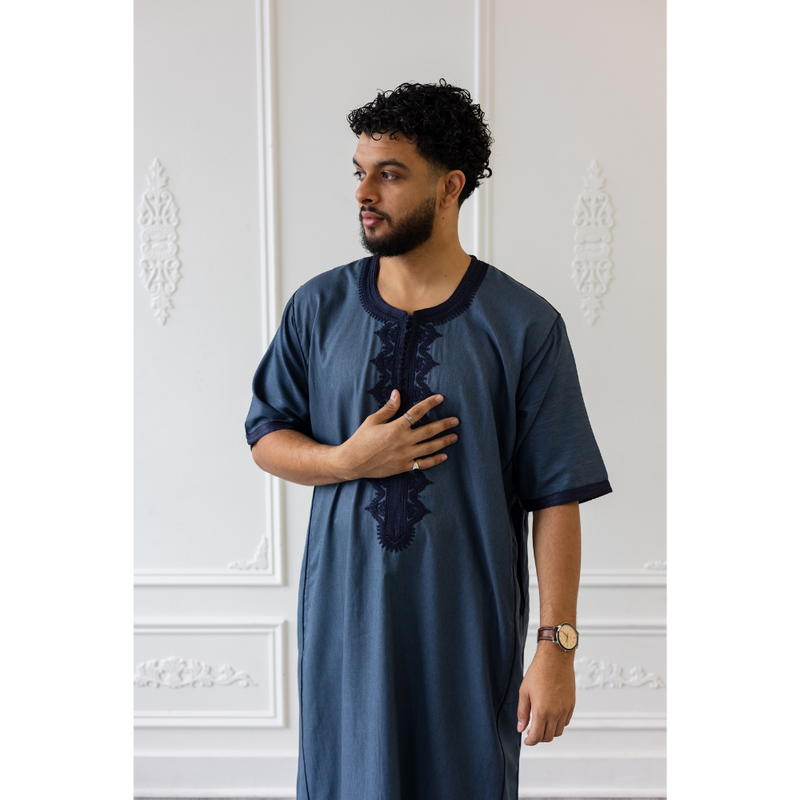 Moroccan Short Sleeve Thobe Aegean Blue With Navy Embroidery