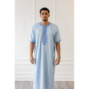 Moroccan Short Sleeve Thobe (Sky Blue With Blue Embroidery)