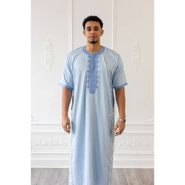 Moroccan Short Sleeve Thobe Sky Blue With Blue Embroidery