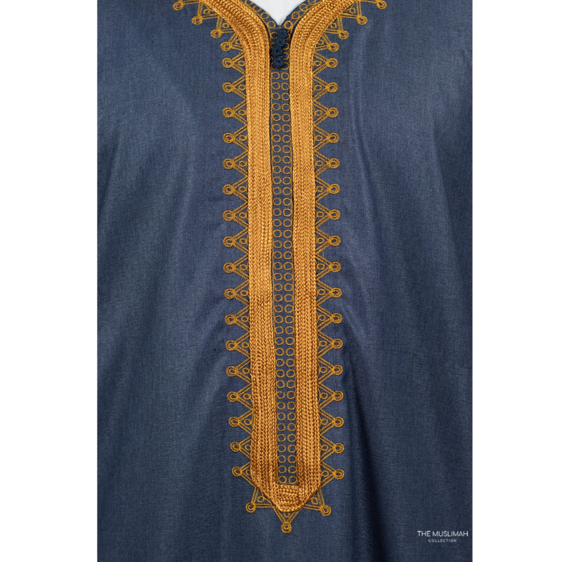 Moroccan Hand Embroidered Short Sleeve Thobe Indigo Blue