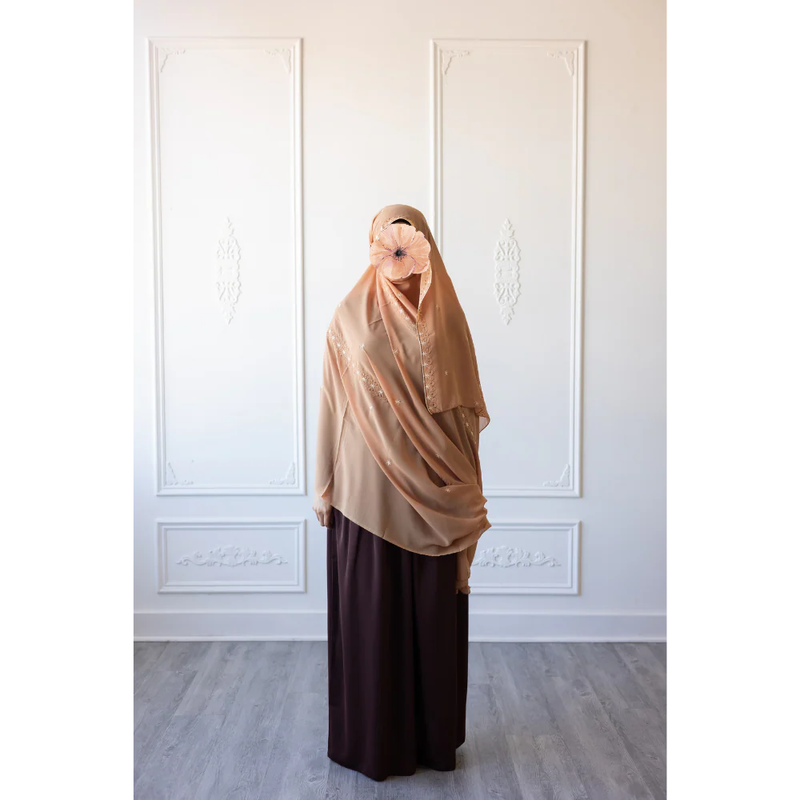 Floral Embroidered Chiffon Hijab Hand Work - Apricot
