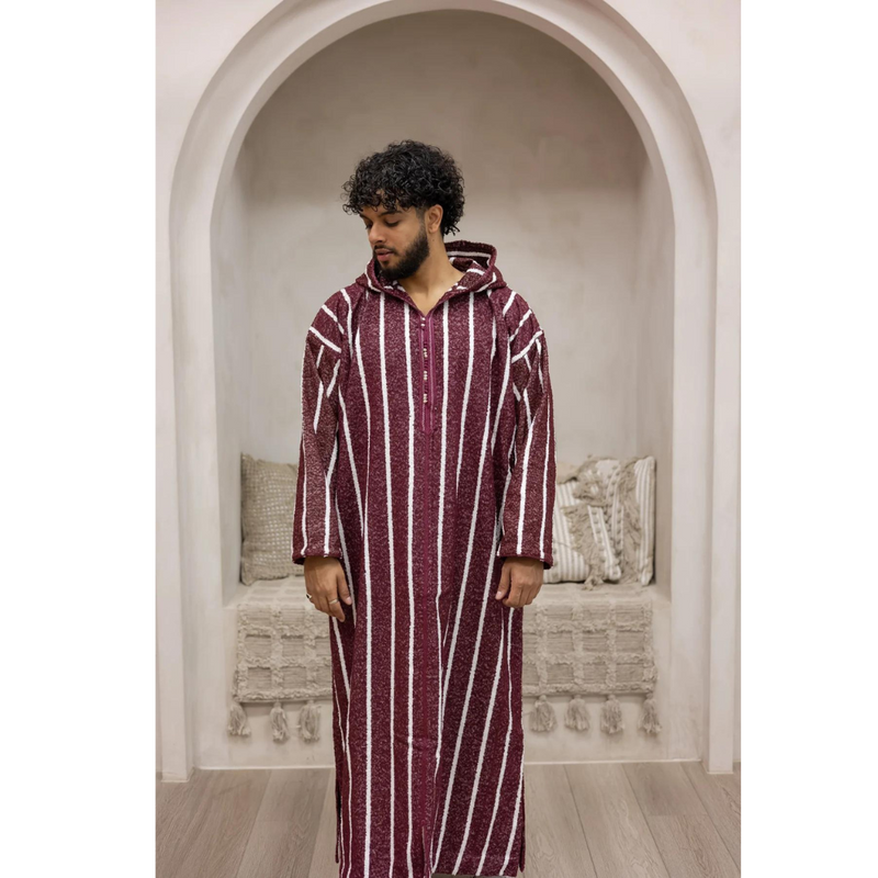 Moroccan Hand Stitched Milifa Hoodie Rosewood with White Stripe