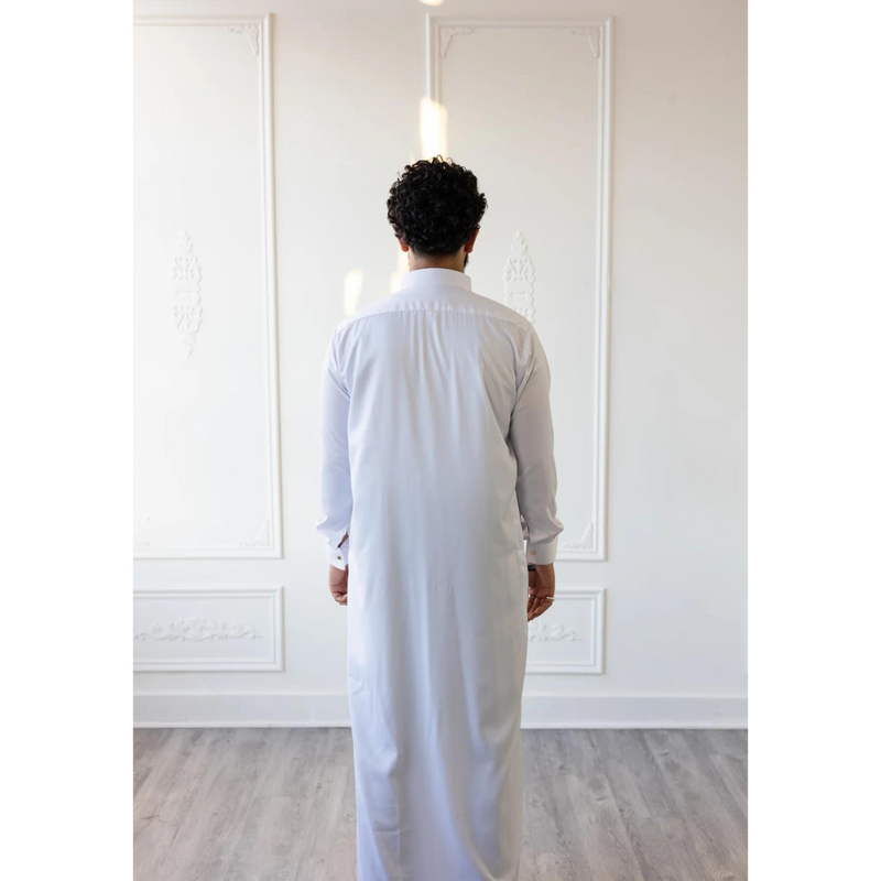 MC Collection - Saudi Collared Thobe (White with Gold Round Buttons)