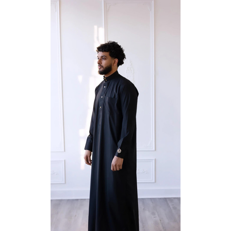 MC Collection - Saudi Collared Thobe with Round Golden Buttons (Black)