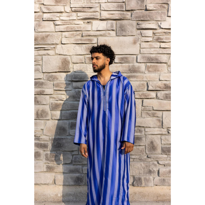 Moroccan Striped Style Hoodie Thobe - Sapphire Mist with White Embroidery