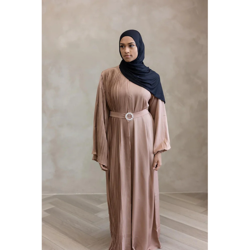 Sale Sawda Pleated Abaya with Stone Belt - Camel Brown