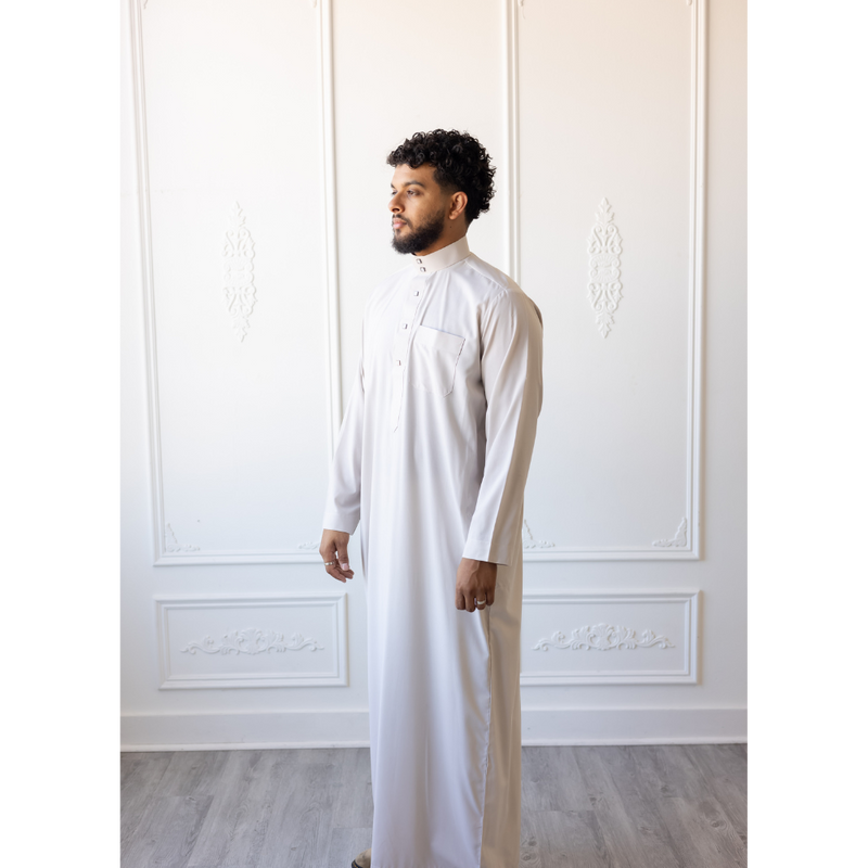 Saudi Collared Thobe Jubbah MC Cotton Blend - White Dove (B26)