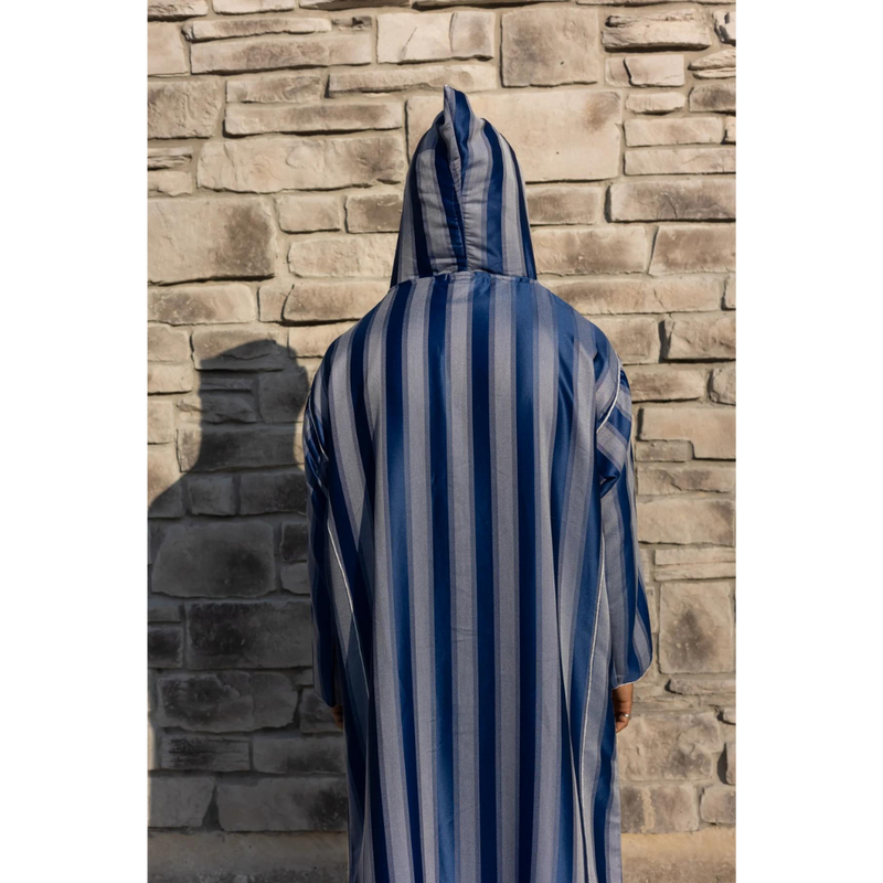 Moroccan Striped Style Hoodie Thobe - Smoky Sapphire
