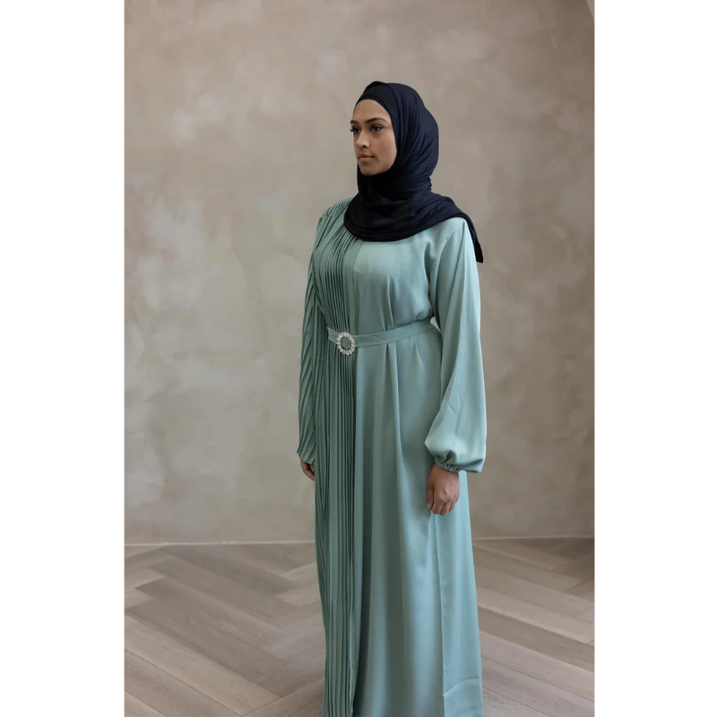 Sale Sawda Pleated Abaya with Stone Belt - Green Tea