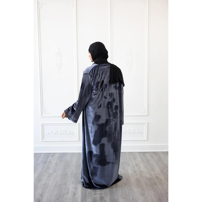 Velvet Open Abaya Kimono with Stone Work - Graphite