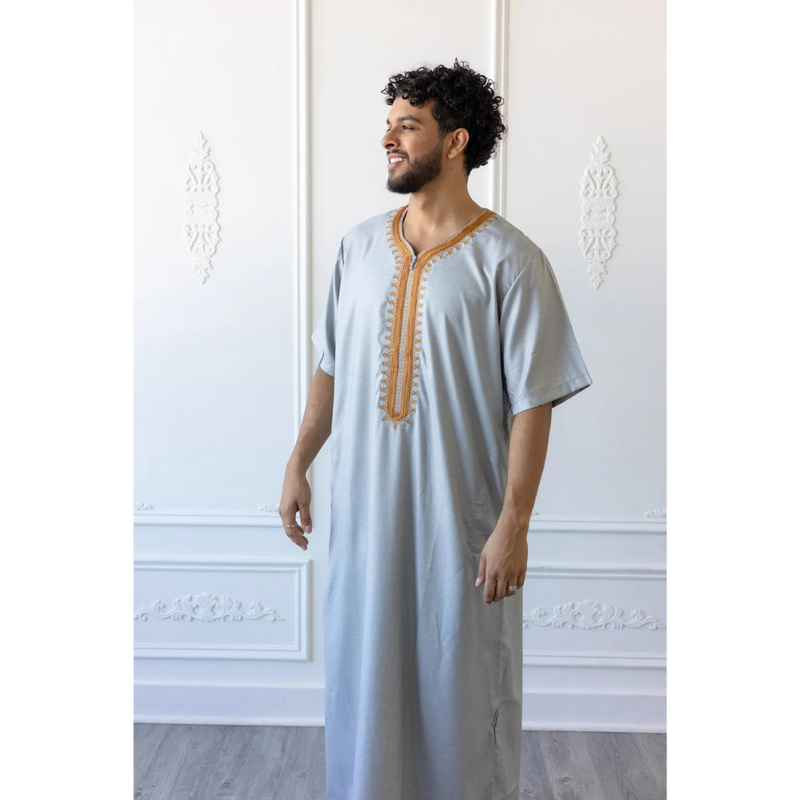 Moroccan Short Sleeve Thobe Wolf Grey with Copper Embroidery