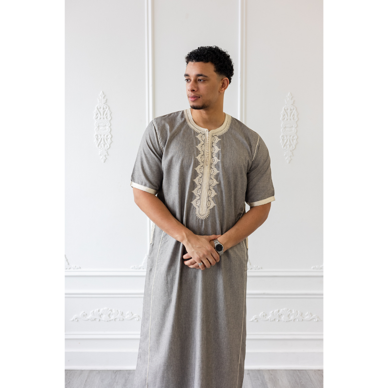 Moroccan Short Sleeve Thobe Ash Grey With Cream Embroidery