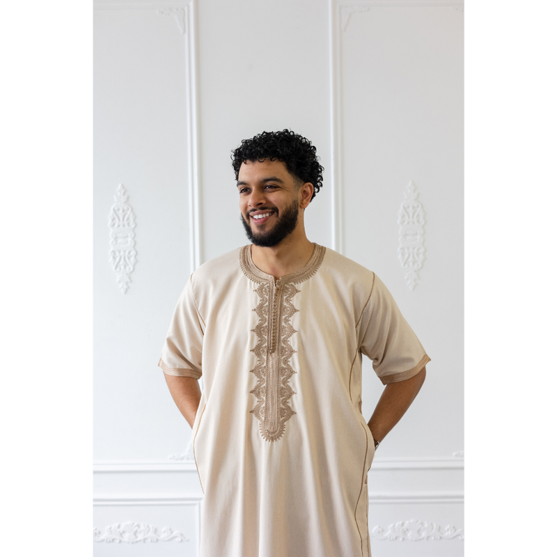 Moroccan Short Sleeve Thobe Toffee Brown With Golden Brown Embroidery