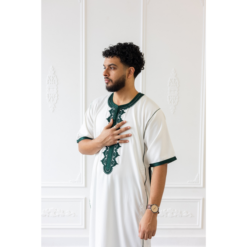 CLEARANCE SALE Moroccan Short Sleeve Thobe White With Green Embroidery - 49