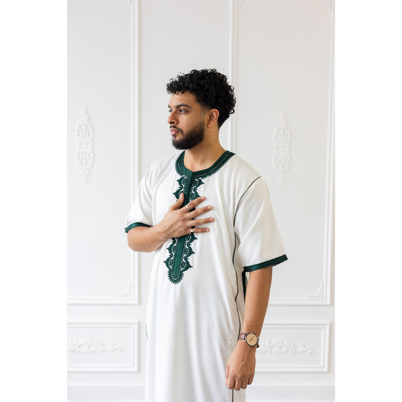Moroccan Short Sleeve Thobe White With Green Embroidery