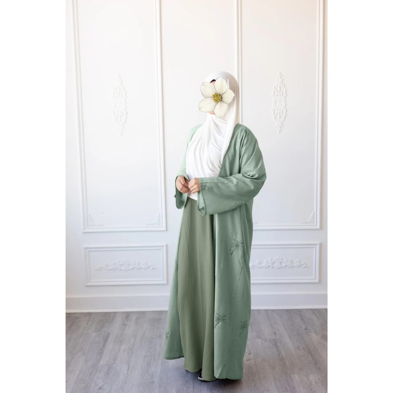 Linen Embroidered Palm Tree Design Fresh Mint