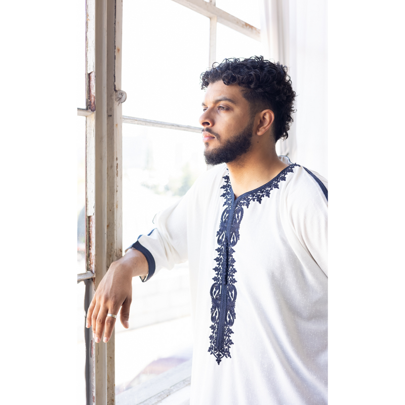 Moroccan 3/4 Sleeve Thobe (White & Berry Blue)