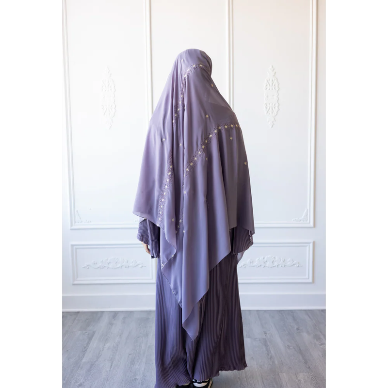 Floral Embroidered Chiffon Hijab Hand Work - Lavender