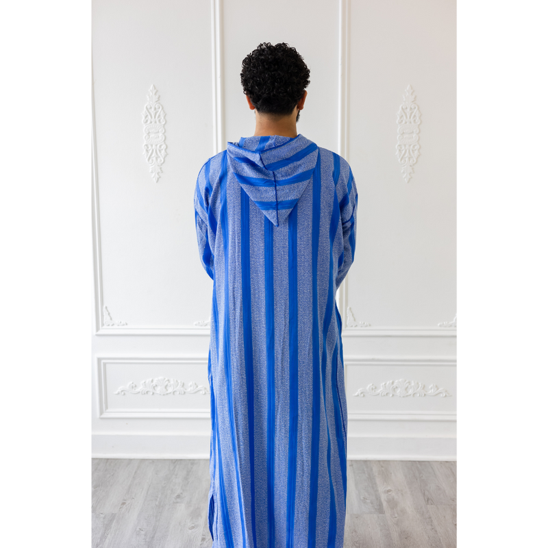 Moroccan Hoodie Thobe (Electric Blue With Blue Stripes)