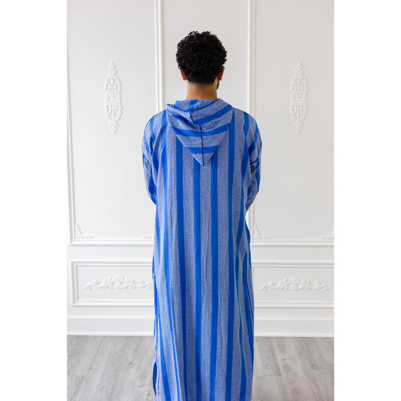 Moroccan Hoodie Thobe Electric Blue With Blue Stripes