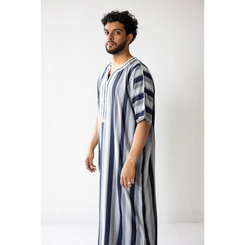 Moroccan Striped Thobe Navy Blue and Grey