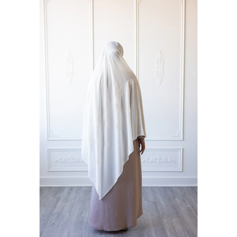 Floral Embroidered Chiffon Hijab Hand Work - Daisy White