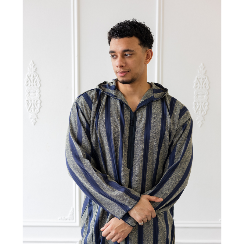 Moroccan Hoodie Thobe Midnight Blue with Ash Grey stripes