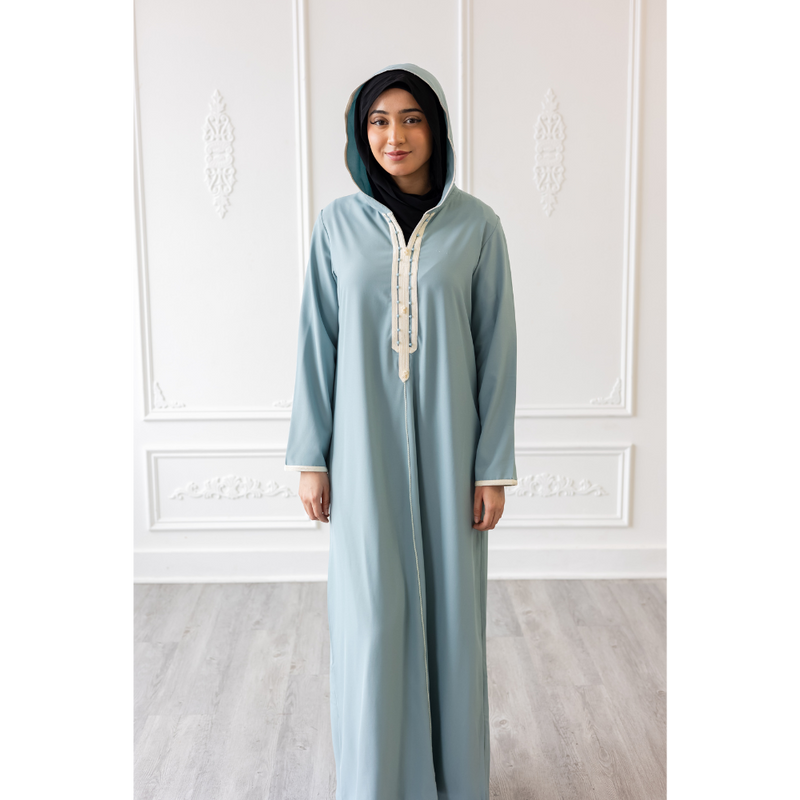 Moroccan Abaya Ice Blue With White Embroidery