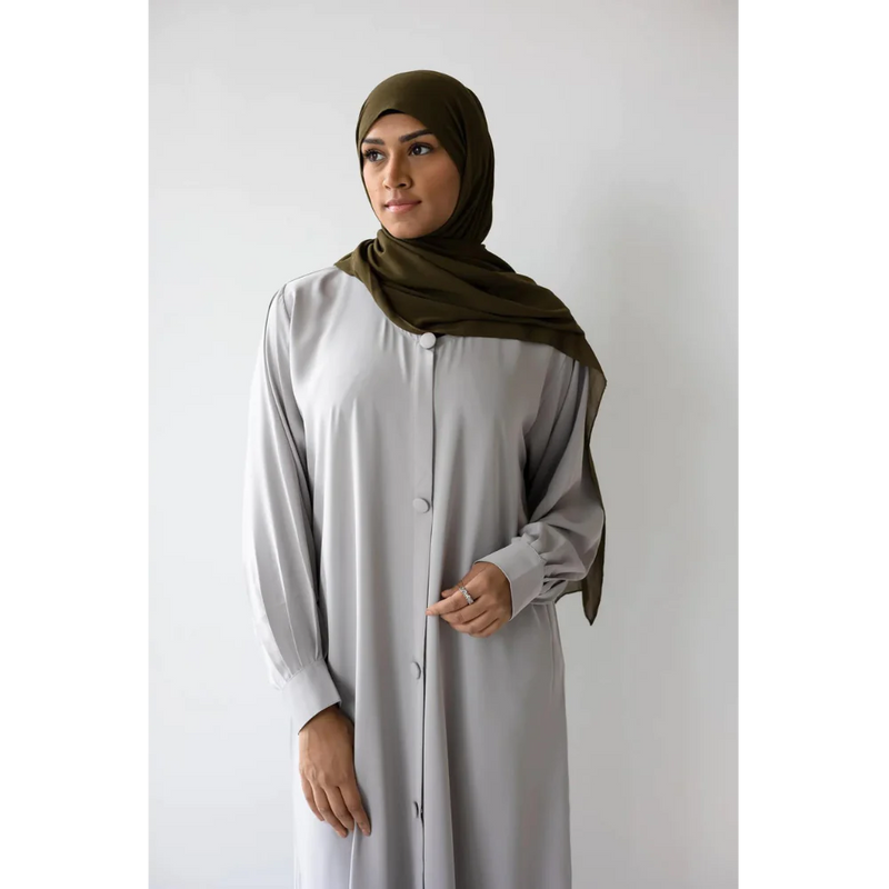 Button Front Abaya with Pleated Bishop Sleeves  - (Seize the Grey) - 72