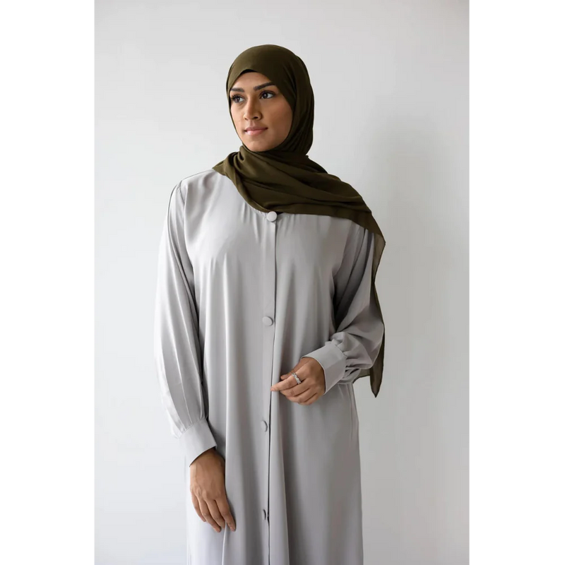 Button Front Abaya with Pleated Bishop Sleeves  - Seize the Grey