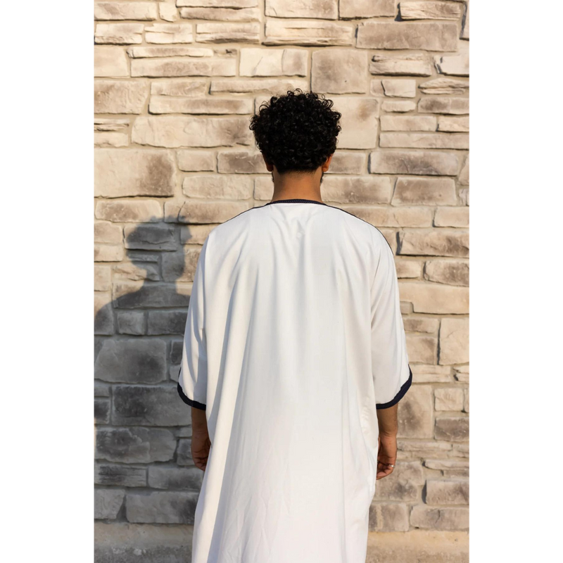 Moroccan 3/4 Sleeve Thobe (White with Navy Embroidery)