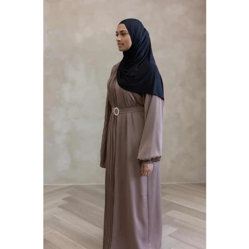 Sale Sawda Pleated Abaya with Stone Belt - Truffle