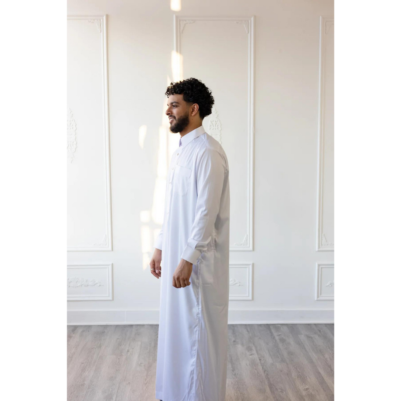 MC Collection - Saudi Collared Thobe (White with Gold Round Buttons)