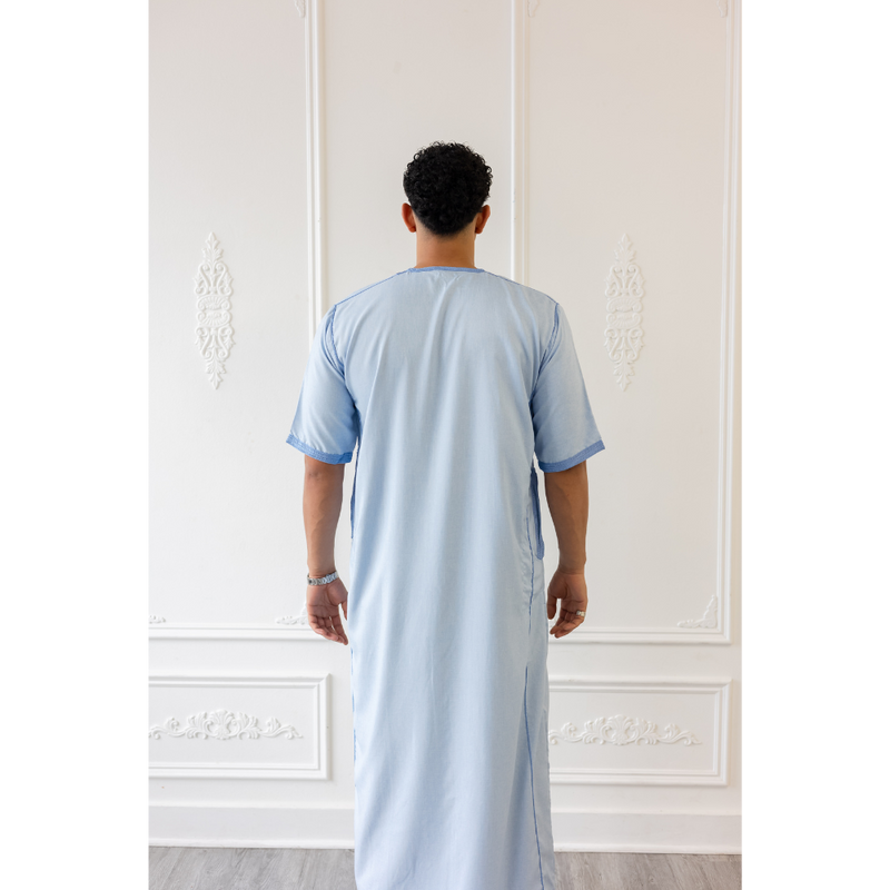 Moroccan Short Sleeve Thobe Sky Blue With Blue Embroidery