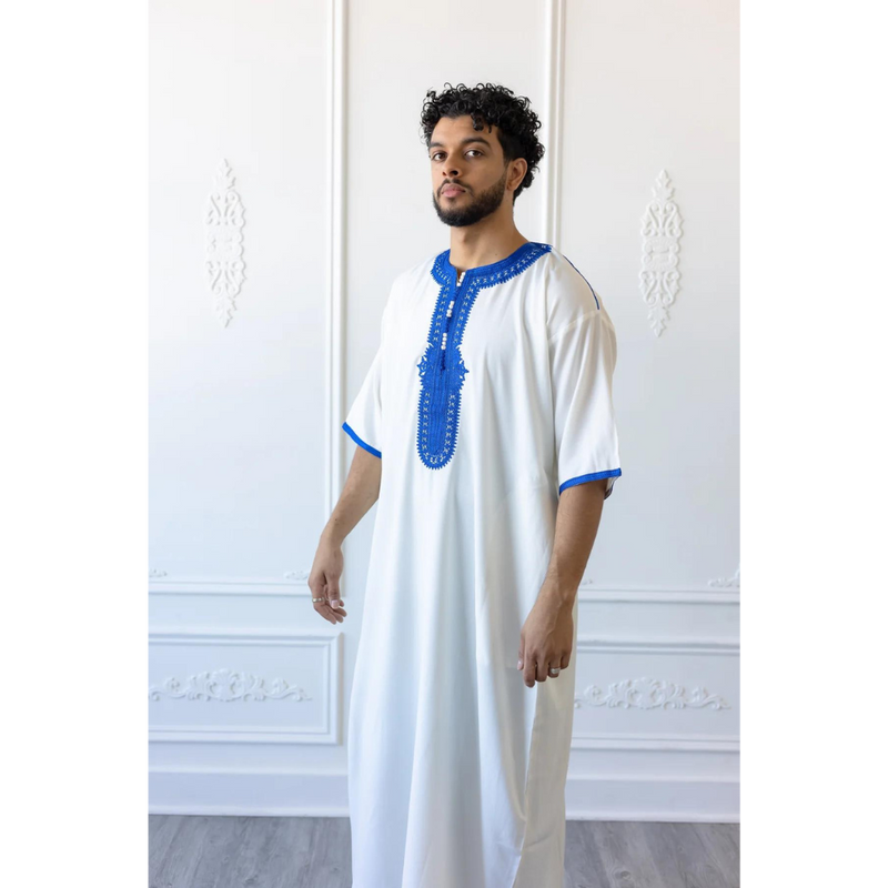 Jalabiya Moroccan Thobe Pure White with Blue Embroidery