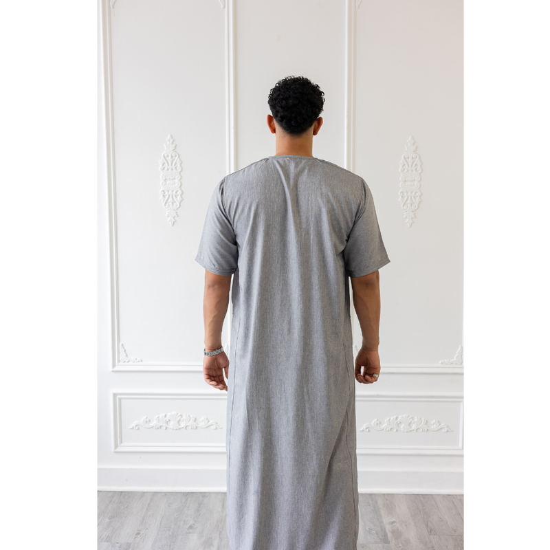 Moroccan Short Sleeve Thobe Wolf Grey With Grey Embroidery
