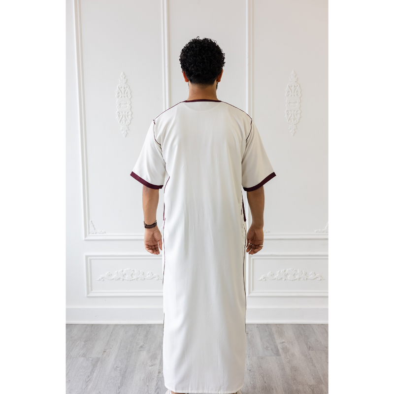 Sample Sale - Moroccan Short Sleeve Thobe White With Maroon Embroidery - STAIN