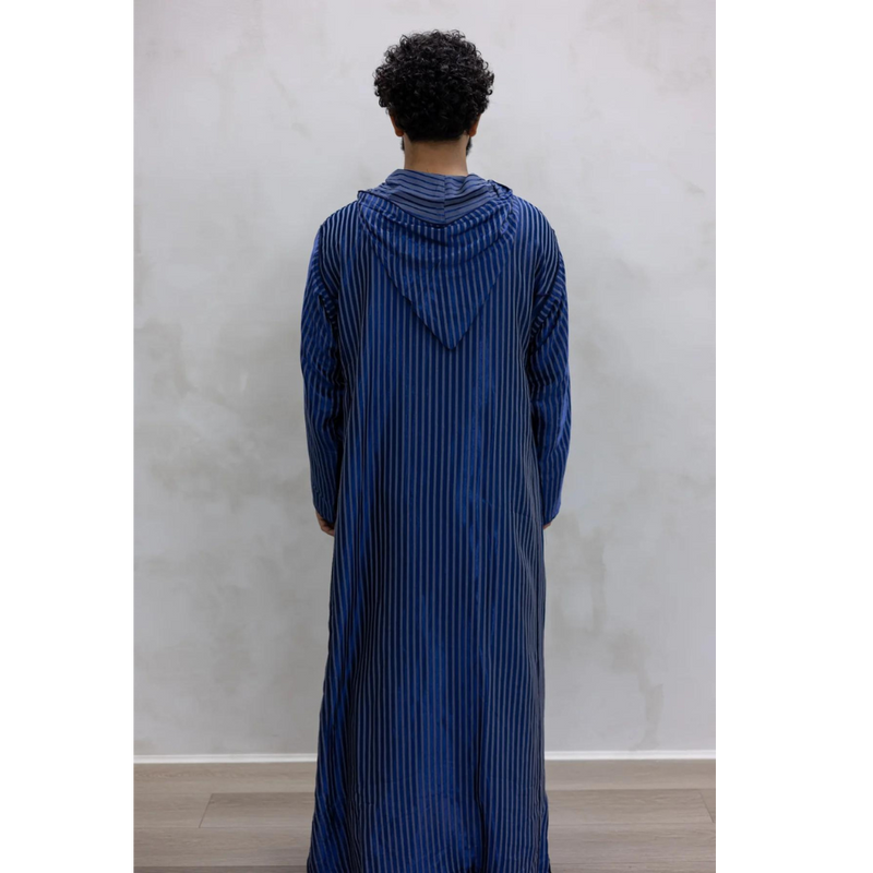 Moroccan Striped Style Hoodie Thobe - Navy Cascade