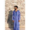 Moroccan Striped Hoodie Thobe (Sapphire Mist with Blue Embroidery)