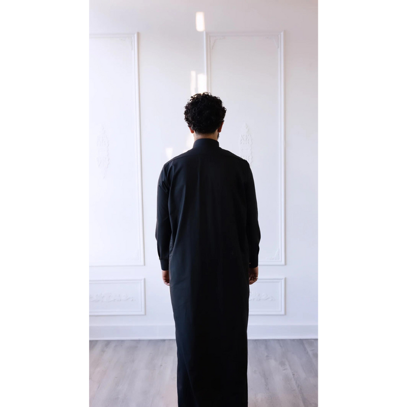 MC Collection - Saudi Collared Thobe with Round Golden Buttons (Black)