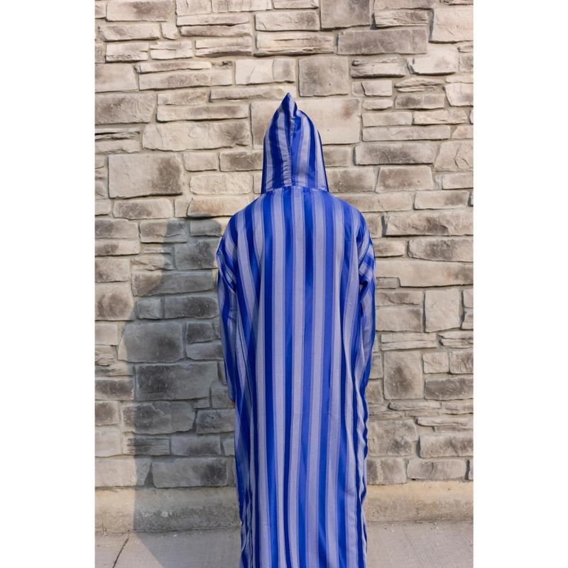 Moroccan Striped Style Hoodie Thobe - Sapphire Mist with White Embroidery