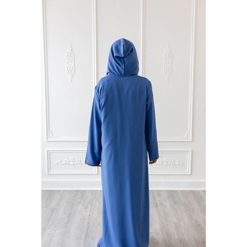 Moroccan Abaya Cornflower Blue With Yellow Embroidery